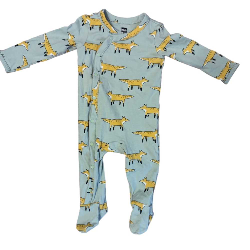 Tea Collection sage green fox one piece Footed pajamas, 3-6 months.
